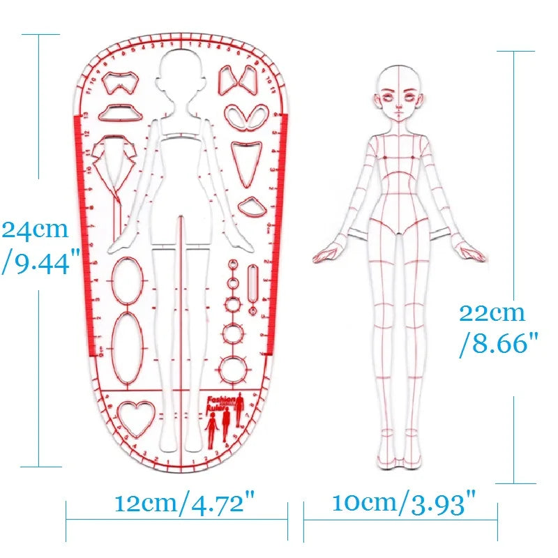 Fashion Designer Ruler Template Girls' Clothing Design Measurements Contains Body Proportion Guide Lines