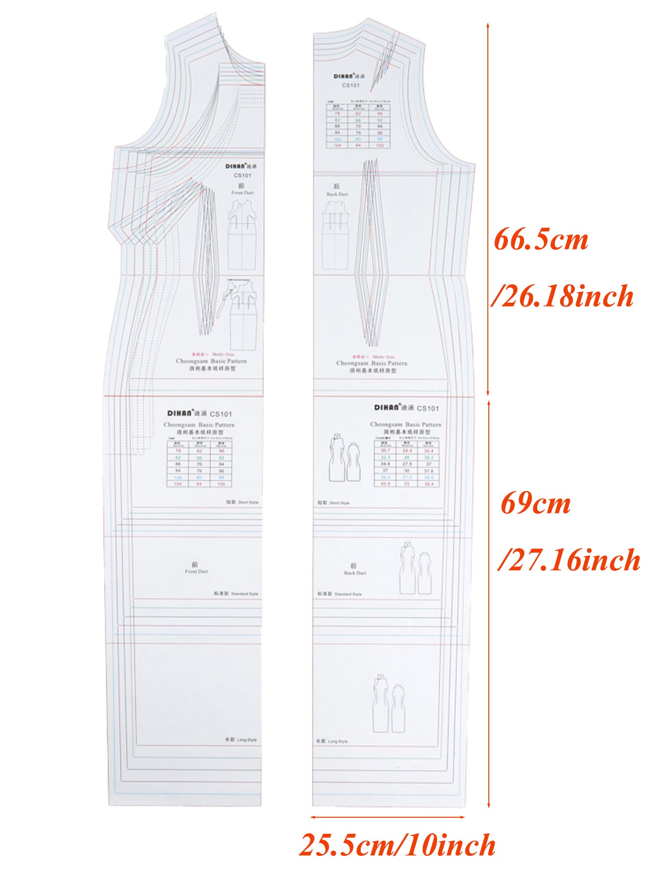 Mordern Cheongsam Sewing Pattern Transparent Plastic Basic Paper Pattern of Qipao with Multi-sizes in One Set Designer Chinese Cheongsam