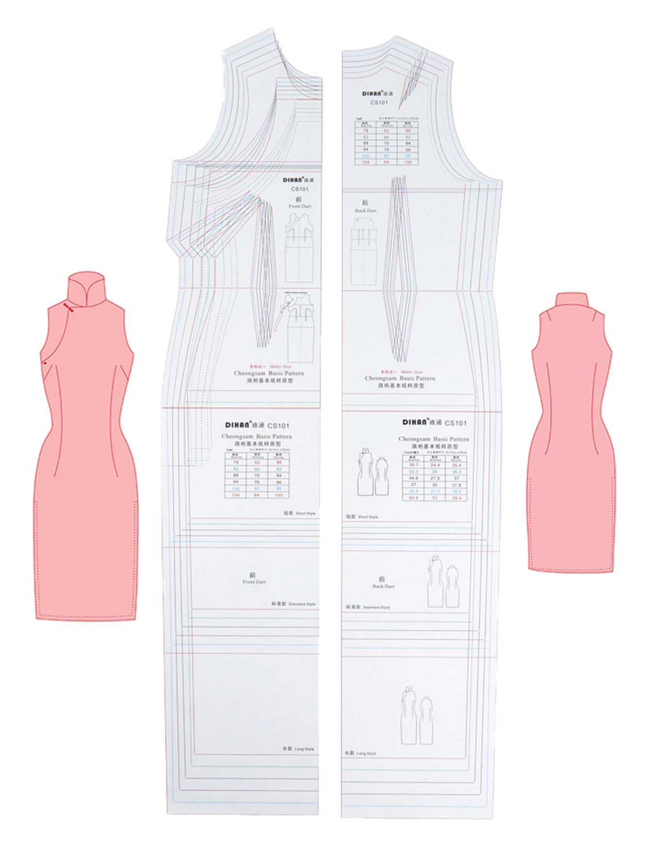 Mordern Cheongsam Sewing Pattern Transparent Plastic Basic Paper Pattern of Qipao with Multi-sizes in One Set Designer Chinese Cheongsam