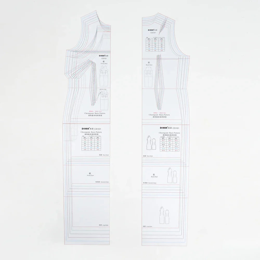 Mordern Cheongsam Sewing Pattern Transparent Plastic Basic Paper Pattern of Qipao with Multi-sizes in One Set Designer Chinese Cheongsam