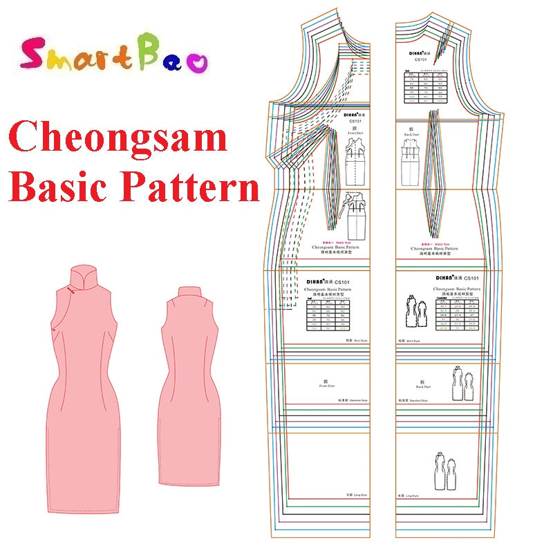 Mordern Cheongsam Sewing Pattern Transparent Plastic Basic Paper Pattern of Qipao with Multi-sizes in One Set Designer Chinese Cheongsam