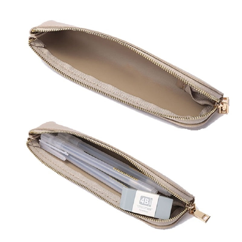 Small Pencil Case Durable Zipper Pu Leather Long Thin Pencil Case