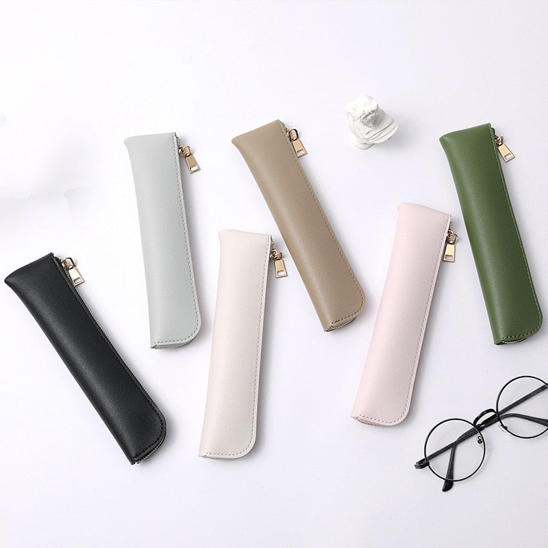 Small Pencil Case Durable Zipper Pu Leather Long Thin Pencil Case