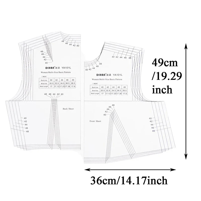 YA101L Plus Size Sewing Pattern Drafting Template – 1:1 Full Scale Women’s Basic Dress Block Ruler, Multi-Size USA Pattern Making Tool (40”–48” Bust)