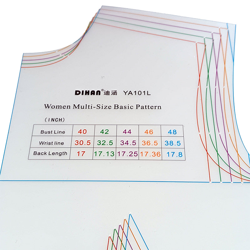 YA101L Plus Size Sewing Pattern Drafting Template – 1:1 Full Scale Women’s Basic Dress Block Ruler, Multi-Size USA Pattern Making Tool (40”–48” Bust)