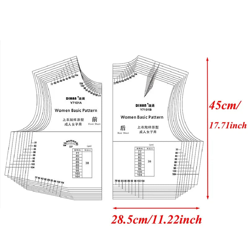 Clocore Reusable Plastic Pattern Ruler with Adjustable Sizes (77-104cm Bust) - Nine Sizes in One, Ideal for Sewing Women's Garments