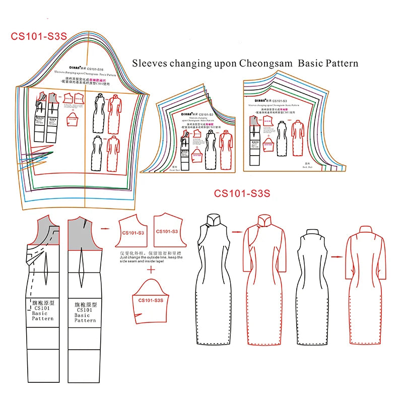 CS101 Cheongsam Sleeve Pattern Making Template – Sleeveless, Cap & Long Sleeve Options