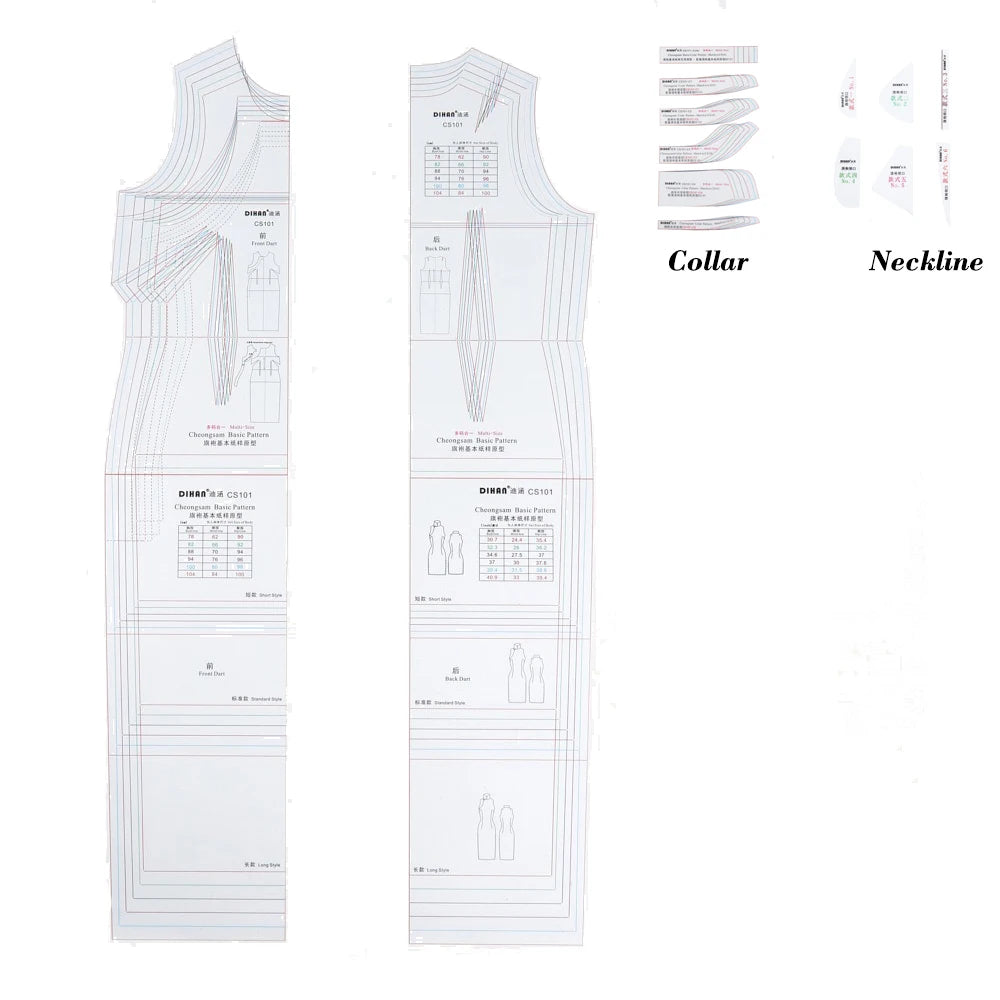 Cheongsam Pattern Basic Block Template | Multi-Size Qipao Sewing Pattern (7 Sizes) | Transparent Plastic Drafting Template